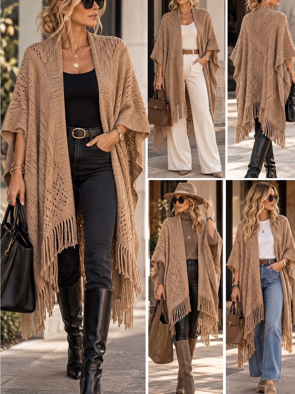 Do everything in love Fringed Open Knit Poncho - Camel